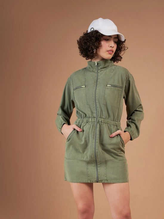 Women Olive Twill Front Zipper Mini Dress