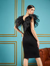 Women Black Frill Neck Bodycon Midi Dress