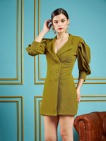 Women Olive Gliiter Puff Sleeves Blazer Dress