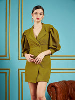 Women Olive Gliiter Puff Sleeves Blazer Dress