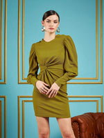 Women Olive Gliiter Puff Sleeves Short Bodycon Dress