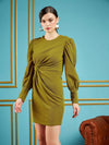 Women Olive Gliiter Puff Sleeves Short Bodycon Dress