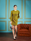 Women Olive Gliiter Puff Sleeves Short Bodycon Dress