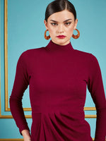 Women Maroon Gliiter High Neck Bodycon Dress