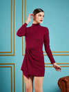 Women Maroon Gliiter High Neck Bodycon Dress