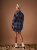 Women Navy Flannel Check Belted Shirt Dress