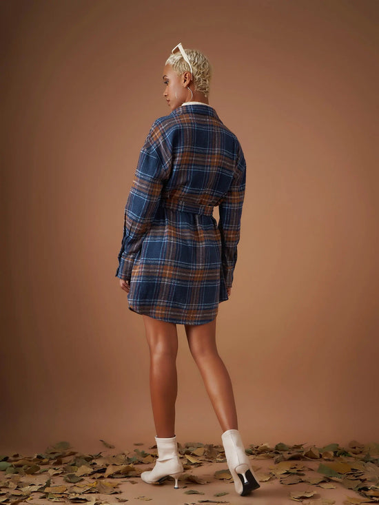 Women Navy Flannel Check Belted Shirt Dress