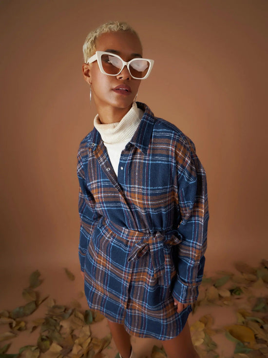 Women Navy Flannel Check Belted Shirt Dress