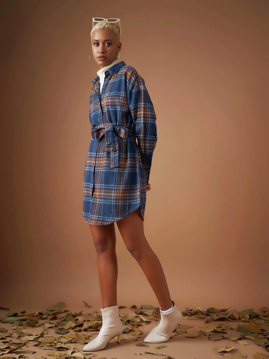 Women Navy Flannel Check Belted Shirt Dress