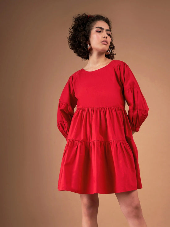 Women Red Poplin Drop Shoulder Tiered Mini Dress