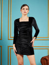 Women Black Velvet Ruched Bodycon Dress