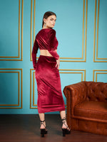 Women Maroon Velvet Waist Cut Out Maxi Dress