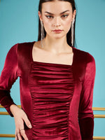 Women Maroon Velvet Ruched Bodycon Dress