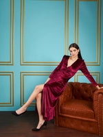 Women Maroon Velvet Front Twisted Maxi Dress