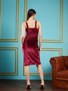 Women Maroon Velvet Waist Cut Out Bodycon Midi Dress