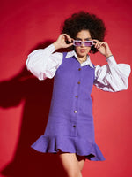 Women Purple Tweed Front Button Frill Hem Dress