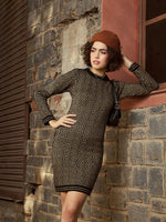 Women Beige & Black Geo Woolen Sweater Dress