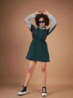 Women Green Colour Block Front Open Parachute Dress