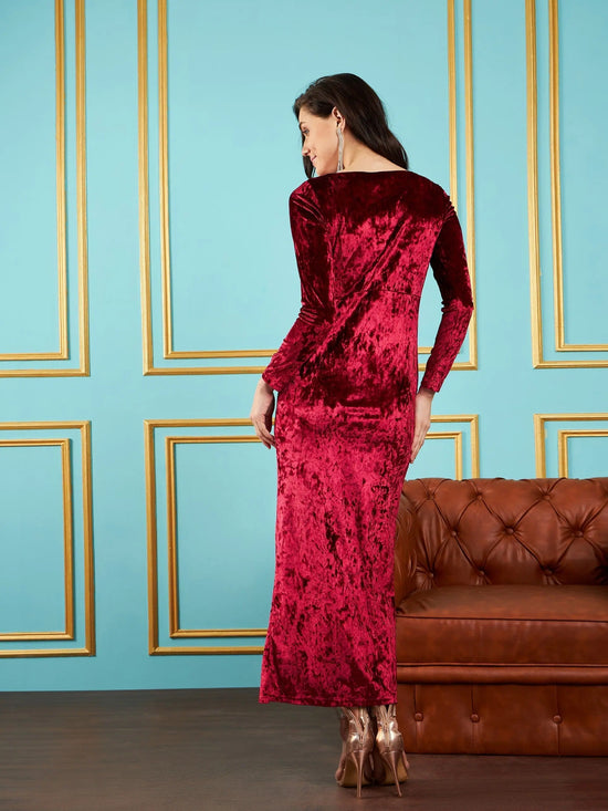 Women Maroon Velvet Front Slit Maxi Dress