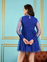 Women Royal Blue Embellished Mesh Skater Dress