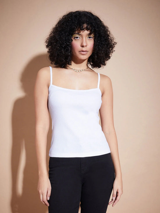 Women White Rib Square Neck Strappy Top