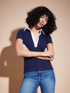 Women Navy Rib Contrast Polo Neck Top