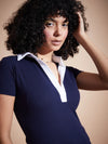 Women Navy Rib Contrast Polo Neck Top