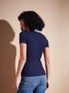 Women Navy Rib Contrast Polo Neck Top