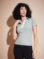 Women Grey Rib Contrast Polo Neck Top