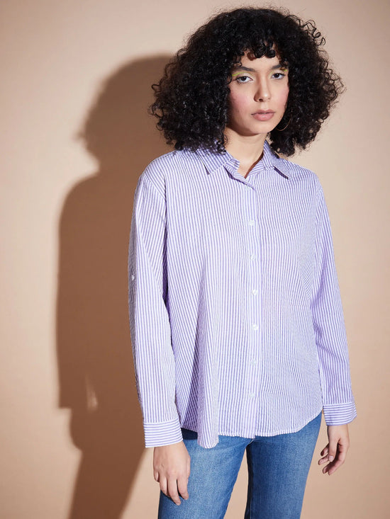 Women Purple Seersucker Pinstriped Oversized Shirt