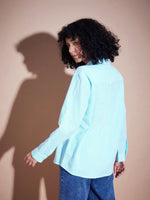 Women Blue Seersucker Pinstriped Oversized Shirt