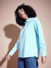 Women Blue Seersucker Pinstriped Oversized Shirt