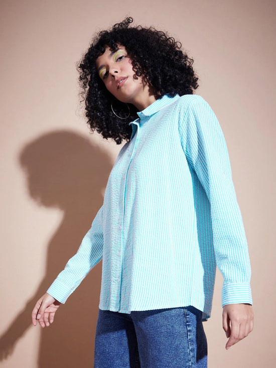 Women Blue Seersucker Pinstriped Oversized Shirt