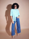 Women Blue Seersucker Pinstriped Oversized Shirt