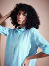 Women Blue Seersucker Pinstriped Oversized Shirt