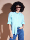 Women Blue Seersucker Pinstriped Oversized Shirt