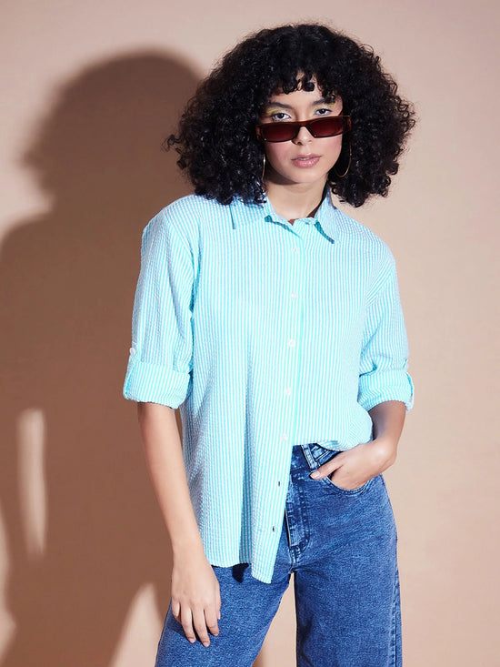 Women Blue Seersucker Pinstriped Oversized Shirt