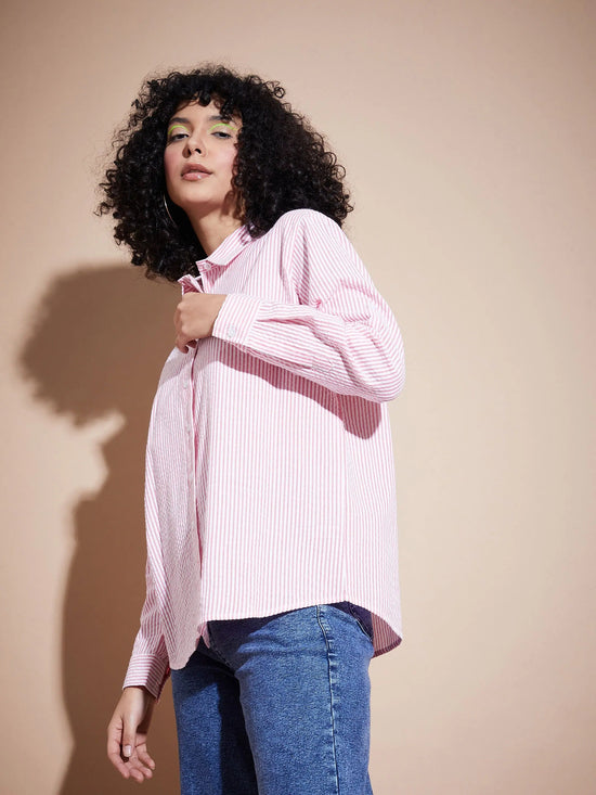 Women Pink Seersucker Pinstriped Oversized Shirt