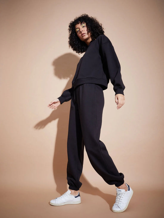 Women Black Premium Fleece Oversized Sweatshirt With Joggers