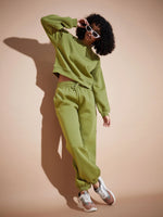 Women Olive Premium Fleece Oversized Sweatshirt With Joggers