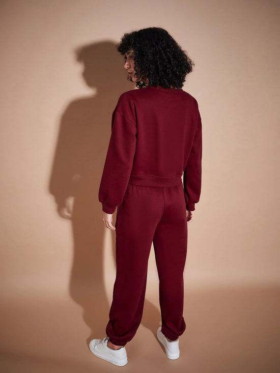 Women Maroon Premium Fleece Oversized Sweatshirt With Joggers