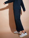 Women Navy Fleece Wide Leg Track Pants