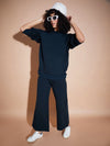 Women Navy Fleece Wide Leg Track Pants