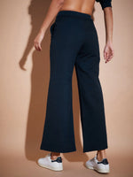 Women Navy Fleece Wide Leg Track Pants