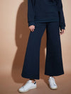 Women Navy Fleece Wide Leg Track Pants