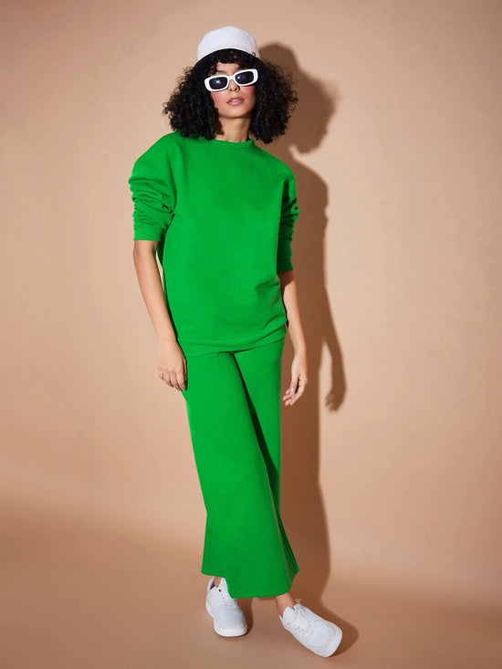 Women Green Fleece Wide Leg Track Pants