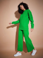 Women Green Fleece Wide Leg Track Pants