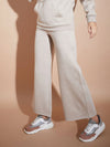 Women Beige Fleece Zipper Pocket Wide Leg Track Pants