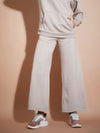 Women Beige Fleece Zipper Pocket Wide Leg Track Pants