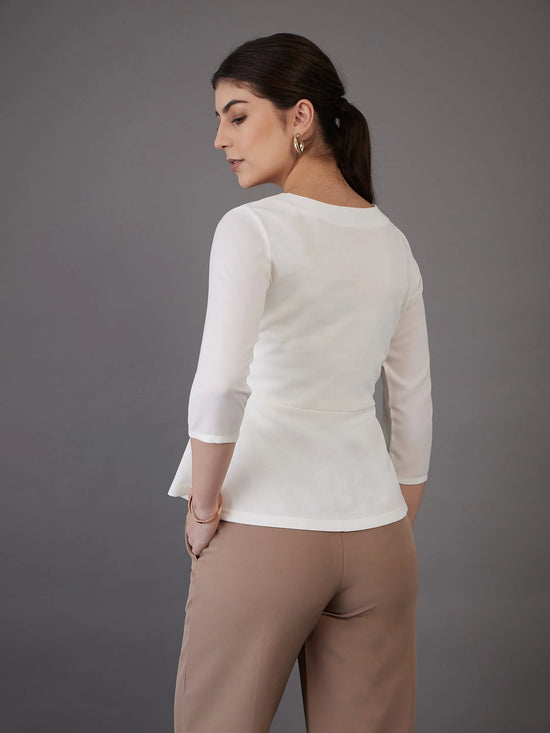 Women White Wrap Asymmetric Peplum Top